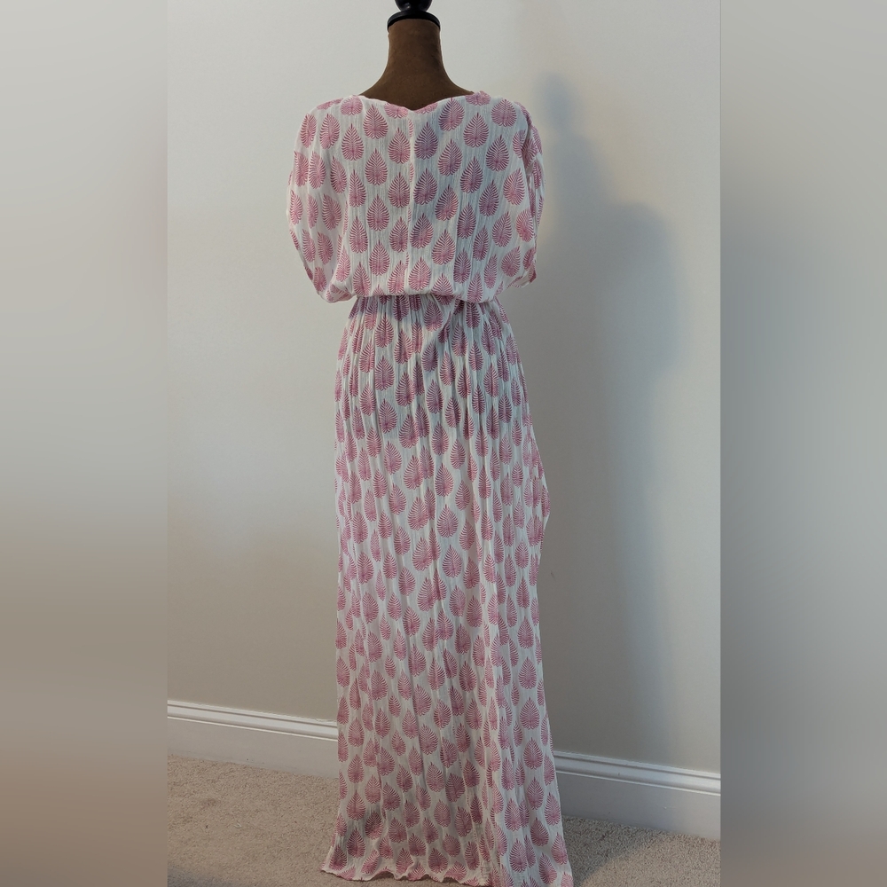Elan Wrap Maxi Cover-Up Tunic Caftan White Pink Tropical Leaf Print Elastic, XS - Picture 5 of 10